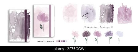 Set of nature watercolor art with beautiful flowers. Artistic vector elements isolated can be used to decorate covers, booklet, greeting cards, poster Stock Vector