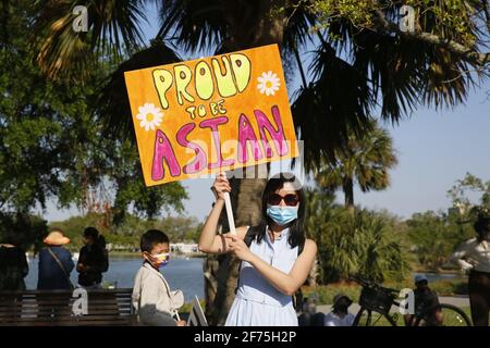 Houston, USA. 4th Apr, 2021. A woman shows a sign during a rally against anti-Asian hate crimes in New Orleans, Louisiana, the United States, April 4, 2021. Credit: Lan Wei/Xinhua/Alamy Live News Stock Photo