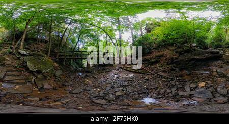 360 degree panoramic view of Photosphere in stream channel at the base of rainbow falls in trough creek state park during a low water period