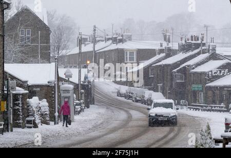Small market town of Hawes in the Yorkshire Dales on a snowy winters day. UK.