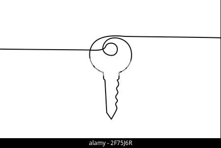 One line seller house door keys. Building quarter residential complex. Hand drawn sketch continuous line. Sell own family customer life business Stock Vector