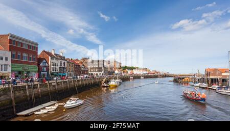 Summer view of the river Esk, quayside and old town at Whitby on the Yorkshire coast Stock Photo