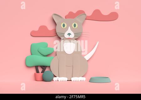 Cute cartoon cat sitting on living coral background - 3d illustration Stock Photo