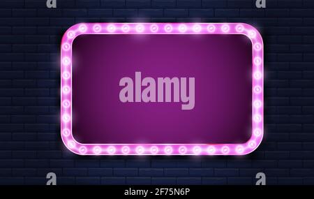 Light bulbs frame over sign retro style neon sign purple colored lit. Beyond dark brick wall. Place for your text. Stock Vector