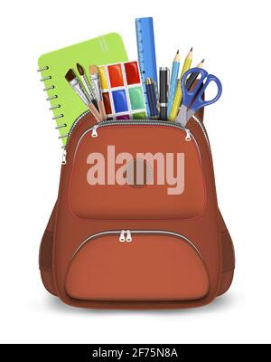 Red backpack with school supplies, vector isolated illustration. 3d realistic student bag with stationery. Stock Vector