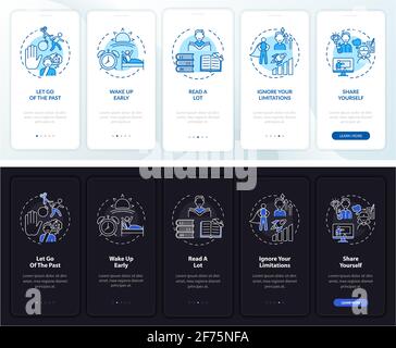 Self-development tips onboarding mobile app page screen with concepts Stock Vector