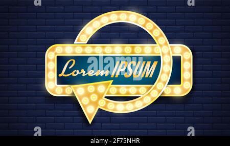 Golden retro lights neon glowing sign with round arrow Stock Vector