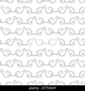 Vector interlinked decorative swirls seamless pattern background. Horizontal rows of ornate curled shapes in baroque style on white backdrop.Neutral Stock Vector