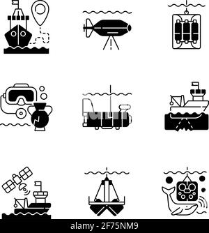 Marine exploration black linear icons set Stock Vector