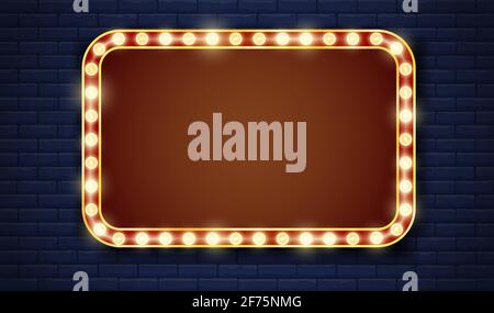 Light sign retro style neon sign frame on dark brick wall Stock Vector