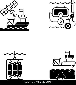 Marine exploration black linear icons set Stock Vector