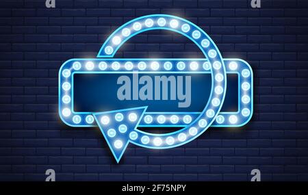 Blue retro lights neon glowing sign with round arrow Stock Vector