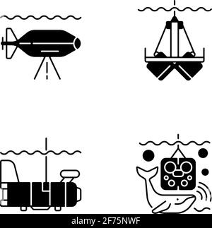 Marine exploration black linear icons set Stock Vector