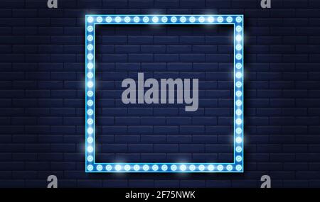 Light sign blue colored, square retro style neon sign frame on dark brick wall Stock Vector