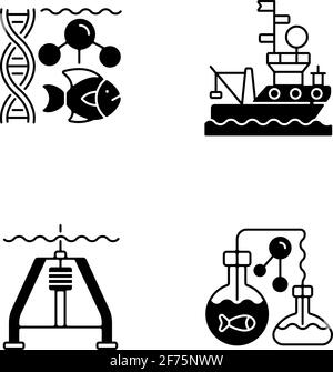 Marine exploration black linear icons set Stock Vector
