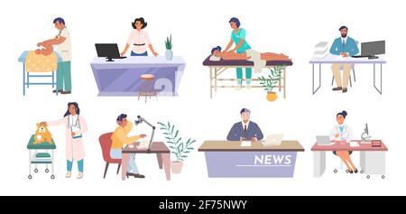 People of different occupations and professions, workers cartoon characters at workplace, flat vector illustration. Stock Vector