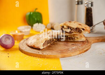 Beef cheese mushroom stuffed naan Stock Photo