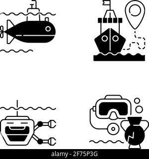 Marine exploration black linear icons set Stock Vector