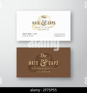 Hats and Caps Store Abstract Vector Logo and Business Card Template. Italian Hat Sketch Drawing with Retro Typography. Premium Quality Headwear Emblem Stock Vector