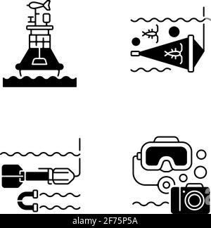 Marine exploration black linear icons set Stock Vector