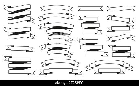 Set of glyph black white vector vintage ribbons with transparent lines isolated on white. Retro ribbon banner in modern simple flat design. Decoration elements for postcards, discounts and promotions. Stock Vector