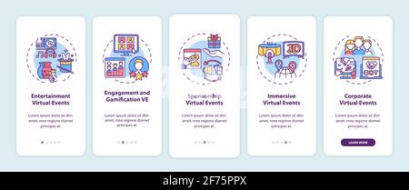 Virtual events types onboarding mobile app page screen with concepts Stock Vector