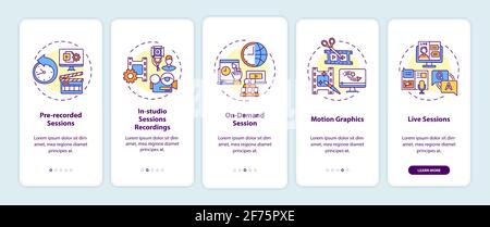 Virtual event content onboarding mobile app page screen with concepts Stock Vector