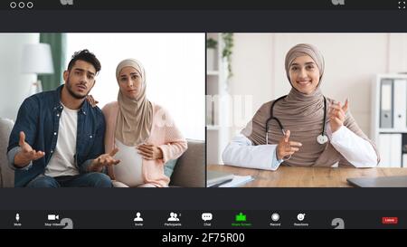 Worried Pregnant Muslim Spouses Having Video Call With Gynecologist Lady, Screenshot View Stock Photo