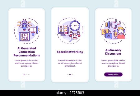 Virtual events for networking onboarding mobile app page screen with concepts Stock Vector