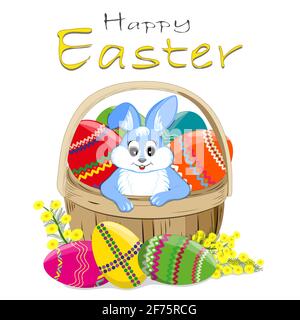 Easter bunny. Basket with Easter eggs . Happy Easter text. Mimosa flowers . Isolated white color. Illustration Stock Photo