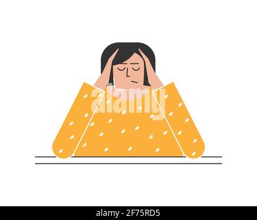 Vector isolated illustration. Flat concept about feeling trouble. Sad woman is sitting at table, resting her head on hands. She has stress Stock Vector