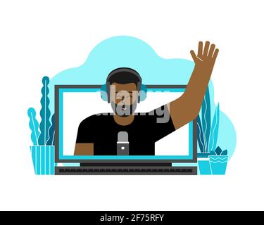 Vector flat concept with laptop and african american man (on screen) at home recordind video on webcam. Remote work by bloggers, podcast hosts Stock Vector
