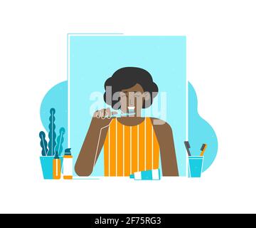 Vector isolated flat concept. Dental daily healthy lifestyle. Cute african american young woman is cleaning teeth by toothbrushes. Stock Vector