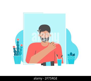 Vector flat illustration. Dental daily life concept. Happy latin man is cleaning teeth by bamboo toothbrushes, paste in front of mirror. Guy smiles. Stock Vector