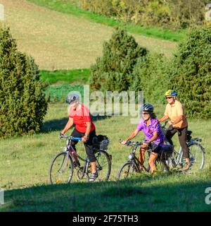 Senior group doing a cycling tour in beautiful nature in southern germany Stock Photo