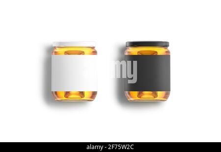 Blank glass jar, black and white label and honey mockup Stock Photo