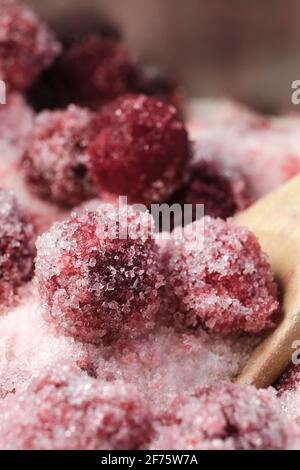 Making of sour cherry jam, sour cherry covered with sugar Stock Photo