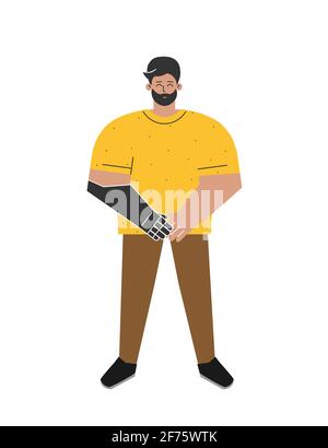Vector isolated flat illustration with disabled guy. Cartoon latin man has artificial limb after amputation. He is happy to use bionic arm as adaptive Stock Vector