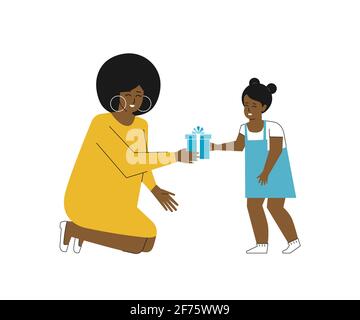 Vector flat illustration about Happy Birthday. Cartoon african american woman gives gift to cute little girl. Mom is squatting, daughter is smiling Stock Vector