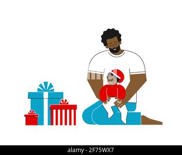 Vector isolated flat concept. Cartoon cute african american man is celebrating Christmas, holding happy little child in his arms. Template for design Stock Vector
