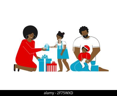 Vector isolated flat illustration. Cartoon african american family are celebrating Christmas. Happy little girl got gift from mom. Template for design Stock Vector