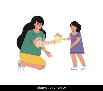 Vector flat concept about Happy Birthday. Cartoon latin young adult woman gives gift to cute daughter. Mother is squatting, little girl smiles Stock Vector