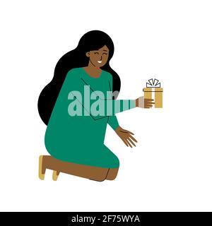 Vector isolated flat illustration. Cartoon woman with dark skin is wearing in green dress. She gives golden gift box. Adult girl is squatting, smiling Stock Vector