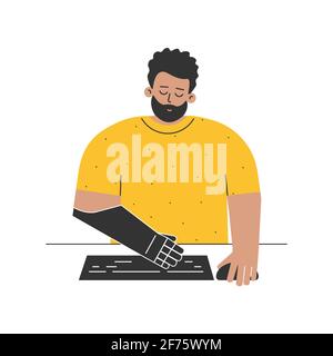 Vector isolated flat illustration with disabled person. Cartoon latin guy has artificial limb. Man with prosthetic hand typing on computer keyboard. Stock Vector