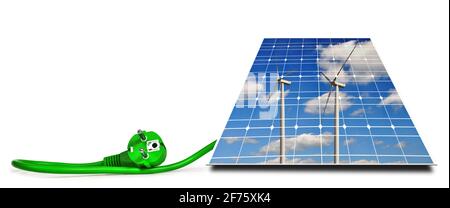 Wind turbines reflection in solar panel with green electric plug isolated on a white background. Clean energy concept. Stock Photo