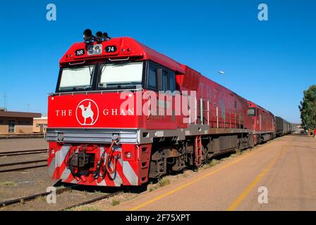 Alice Springs, NT, Australia - February 28, 2008: Train named The Ghan in railway station, Central Australian railway between Adelaide and Darwin Stock Photo