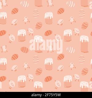Easter seamless pattern pastel pink color in cartoon style with Easter cake, eggs and chicken Stock Vector