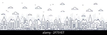 Cityscape horizontal seamless pattern - urban landscape with skyscrapers in linear style on white background. Thin line vector illustration Stock Vector