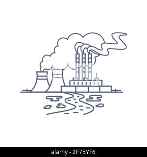 Thermal power plant line icon. Thermoelectric power station with smoke from chimneys and traces of soil and water pollution Vector linear illustration Stock Vector