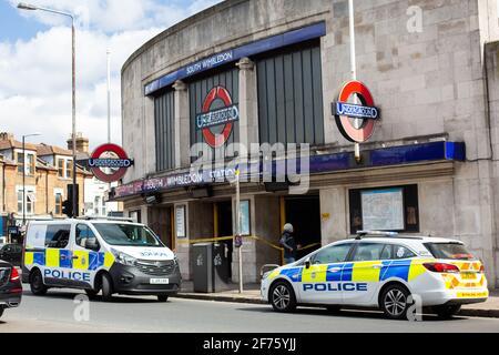 London, UK. 05th Apr, 2021. A general view of South Wimbledon Underground Station which is closed while emergency services attend to a casualty on the track. Picture date: Monday April 5th, 2021. Photo credit should read Credit: Katie Collins/Alamy Live News